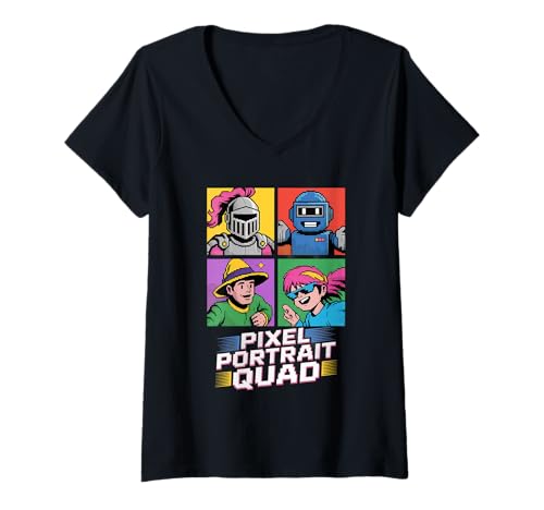 Damen Pixel Portrait Quad Pop Culture Retro Videospiel T-Shirt mit V-Ausschnitt Damen Pixel Portrait Quad Pop Culture Retro Videospiel T-Shirt mit V-Ausschnitt von Pop Culture Retro Video Game Vintage Video Games