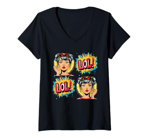 Damen Comic-Stil LOL Expression Design T-Shirt mit V-Ausschnitt von Pop Trendy Culture Vibes Comic Style