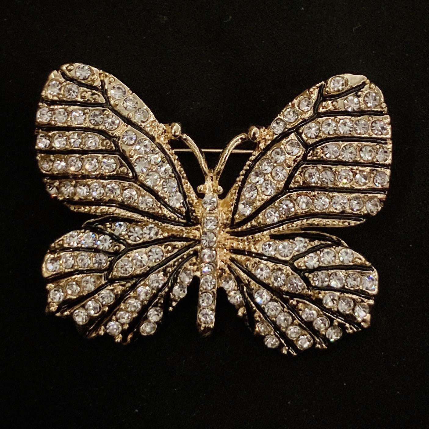 Schwarz Weiß Gold, Jeweled Schmetterling, Schmetterling Brosche, Pin, Funkelnder Gold Schmuck von PopBangBoom