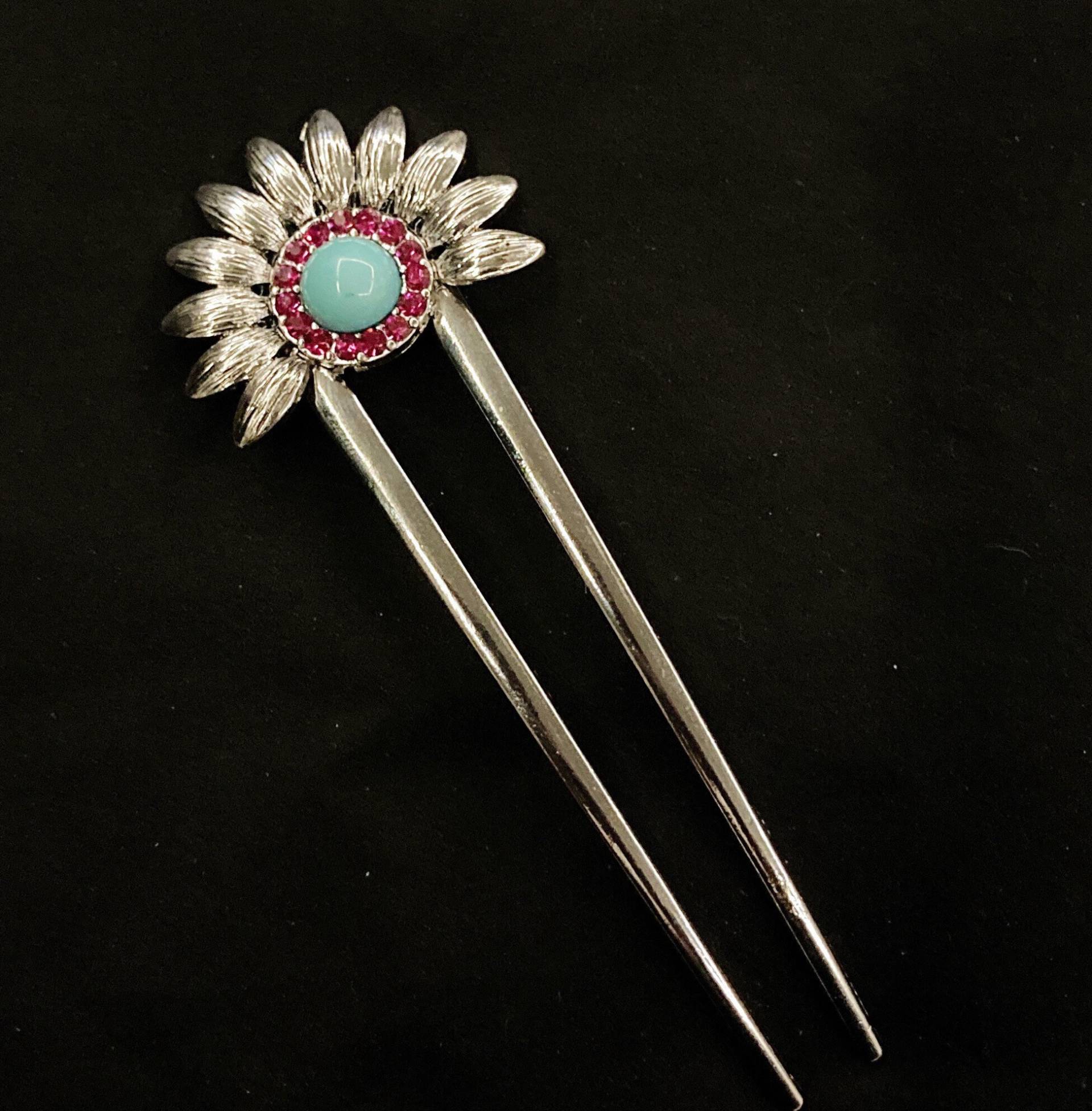 Türkise Haarforke, Art Deco, Jugendstil, Türkis Rosa, Blumen Haargabel, Kunsttürkis, Silberne Haarnadel Brötchenhalter von PopBangBoom