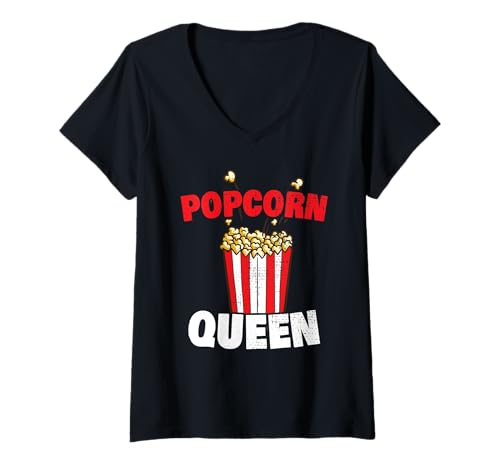 Damen Popcorn Queen Kinoliebhaber Filmabend T-Shirt mit V-Ausschnitt von Popcorn Designs