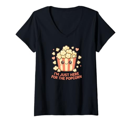 Damen Ich Bin nur wegen dem Popcorn-Kino-Popcorn Hier T-Shirt mit V-Ausschnitt von Popcorn Merch