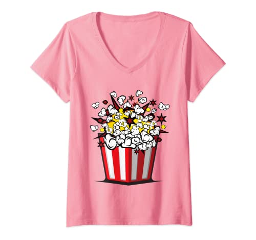 Damen Popcorn Karneval Kostüm Kinder Fasching Halloween Pop Corn T-Shirt mit V-Ausschnitt von Popcorn Oberteil Coole Verkleidung Als Geschenk
