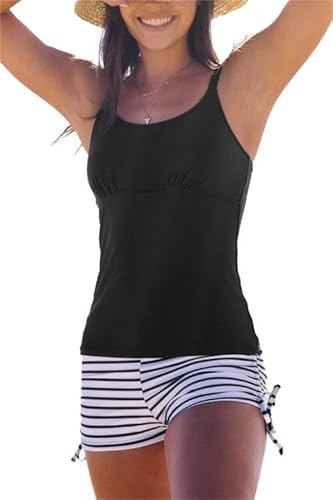 Popfeelings Frauen Bauchkontrolle Tankini Set Zweiteilige Kordelzug Shorts Sport Badeanzüge, Schwarz, XL von Popfeelings