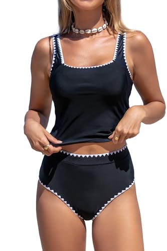 Popfeelings Zweiteiliger Tankini-Badeanzug für Damen, süßer weißer Rand, Bauchkontrolle, Badeanzug, Schwarz, Large von Popfeelings