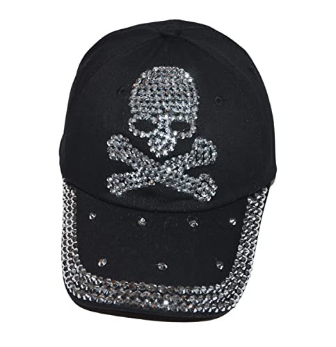 Popfizzy Damen-Baseballkappe, Strass-Baseballkappe, mit Schmucksteinen besetzt, Denim-Hut, glitzerndes Geschenk für Frauen, Totenkopf (schwarz), Einheitsgröße von Popfizzy