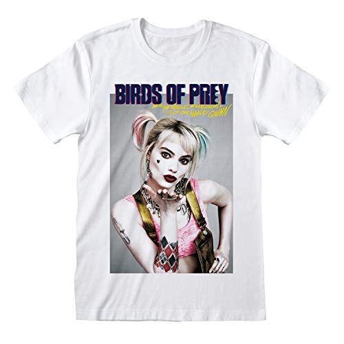 DC Birds of Prey Harley Quinn Poster T Shirt, Adultes, S-2XL, Weiß, Offizielle Handelsware von Popgear