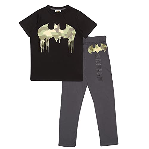 DC Comics Batman Camo Drip Logo Jungen Lange Pyjamas Set Schwarz/Dunkelgrau 116 | Alter 3-13, Dark Knight Superheld Nachtwäsche, Geburtstag Geschenk-Idee für Jungen von Popgear