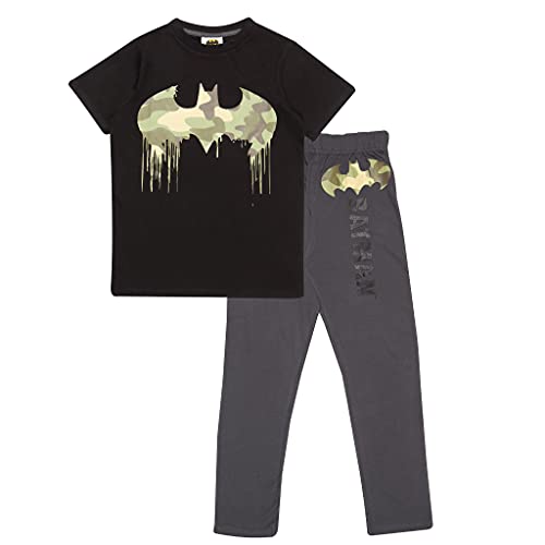 DC Comics Batman Camo Drip Logo Jungen Lange Pyjamas Set Schwarz/Dunkelgrau 128 | Alter 3-13, Dark Knight Superheld Nachtwäsche, Geburtstag Geschenk-Idee für Jungen von Popgear