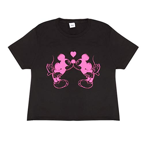 Disney Mickey Mouse und Minnie Mouse Neon Love Heart Kruppiertes T Shirt, Damen, S-XXL, Schwarz, Offizielle Handelsware von Popgear