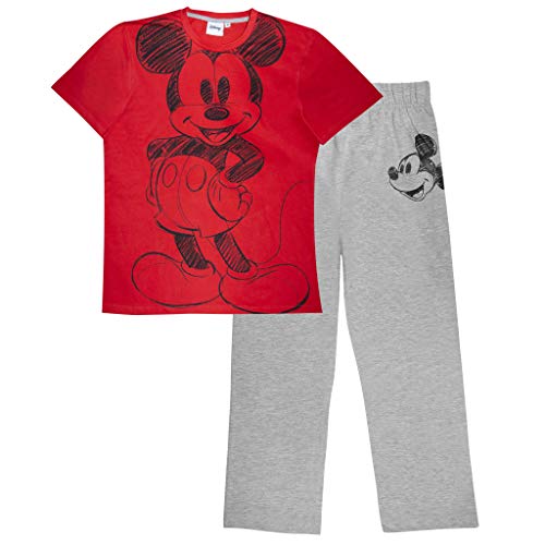 Disney Mickey Skizze Locker fit Langer Pyjama -Set, Damen, S-4XL, Rot/Heather Grey, Offizielle Handelsware von Popgear