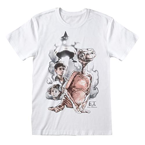 E.T. Vintage Sketch Freund Fit T Shirt, Damen, S-5XL, Weiß, Offizielle Handelsware von Popgear