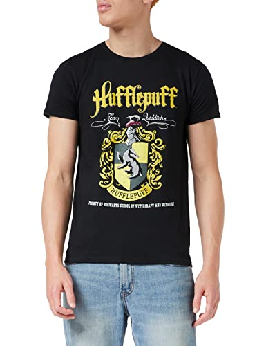 Harry Potter Hufflepuff Crest T Shirt, Adultes, S-2XL, Schwarz, Offizielle Handelsware von Popgear