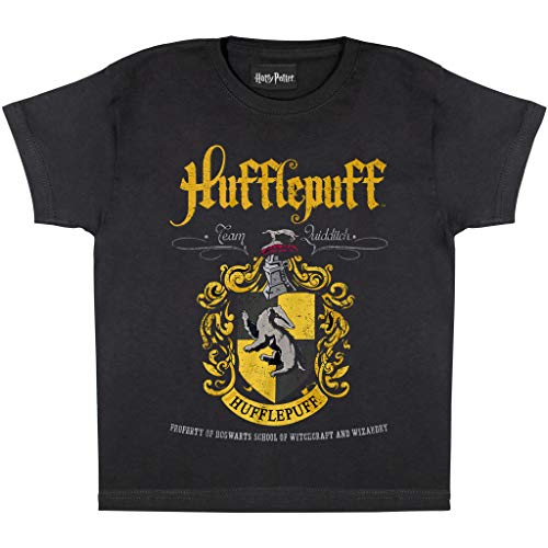 Harry Potter Hufflepuff Crest T Shirt, Kinder, 110-170, Schwarz, Offizielle Handelsware von Popgear