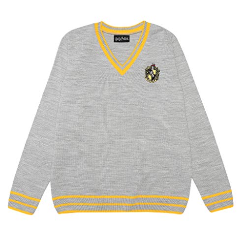 Harry Potter Hufflepuff Haus Strickpullover, Adultes, XS-5XL, Grau, Offizielle Handelsware von Popgear