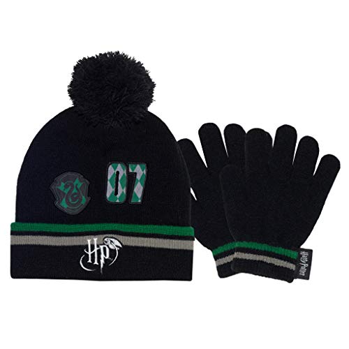 Harry Potter Slytherin 07 Mütze und Handschuhe Set, Kinder, One Size, Schwarz, Offizielle Handelsware von Popgear