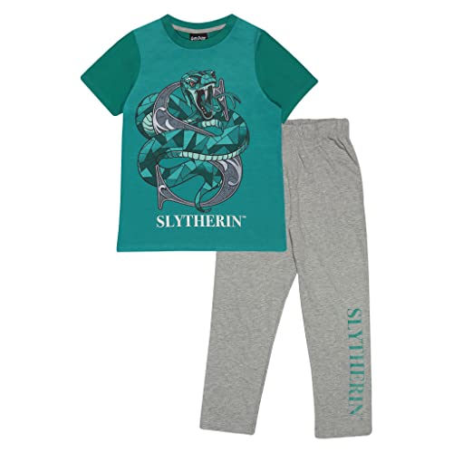 Harry Potter Slytherin Jungen Lange Pyjamas Set Grün/Weiß Heather Grey 128 | Geschenkidee für Jungen, Kinder-Nachtwäsche von Popgear