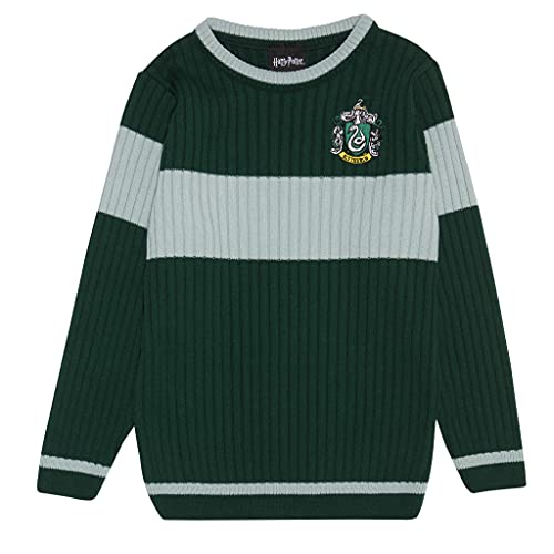 Harry Potter Slytherin Quidditch Junge Strickpullover Grün/Weiß Heather Grey 116 | Geschenkidee für Jungen, Hogwarts Zauberwelt von Popgear