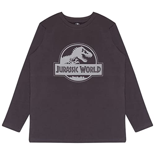 Jurassic World Full Logo Langarm T Shirt, Kinder, 116-170, Grey, Offizielle Handelsware von Popgear