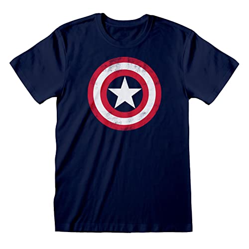 Marvel Avengers Assemble Captain America Distressed Shield T Shirt, Kinder, 104-182, Marine, Offizielle Handelsware(4-5 Jahre) von Popgear