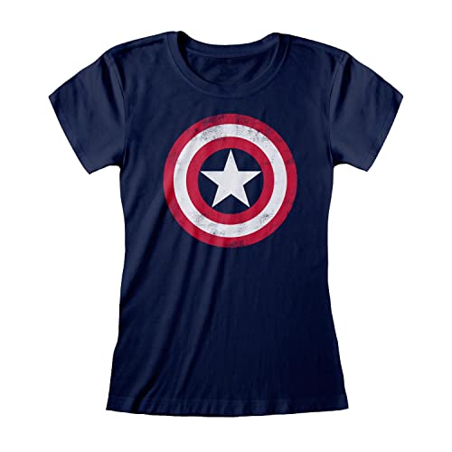 Popgear Damen Marvel Avengers Assemble Captain America Distressed Shield vrouwen T-shirt Navy Fitted T Shirt, Marine, M EU von Popgear