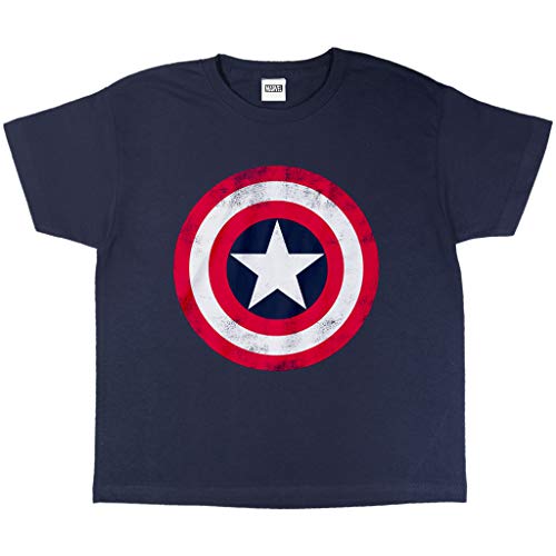 Marvel Avengers Assemble Captain America Distressed Shield T Shirt, Kinder, 104-182, Marine, Offizielle Handelsware von Popgear