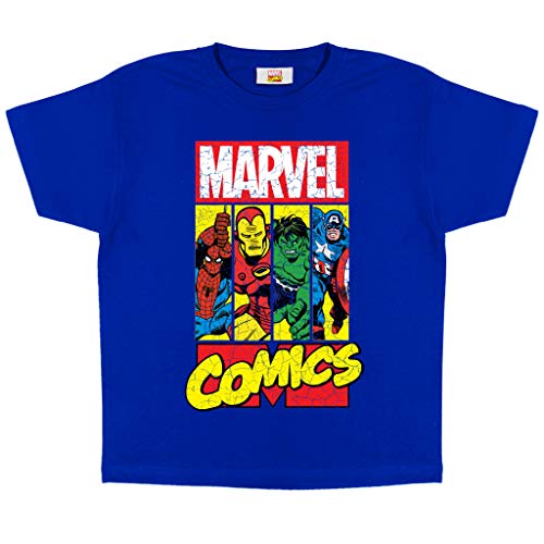 Marvel Comics Crackle Logo Heroes T Shirt, Kinder, 110-158, Königsblau, Offizielle Handelsware von Popgear