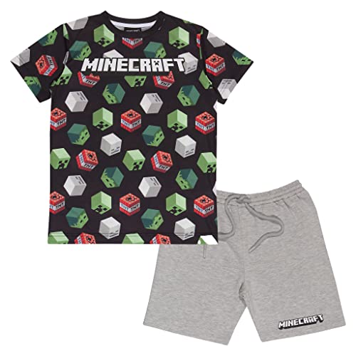 Minecraft 3D Creeper TNT Skeleton Zombie Shorts und T Shirt-Set, Kinder, 128-170, Black/Heather Grey, Offizielle Handelsware von Popgear