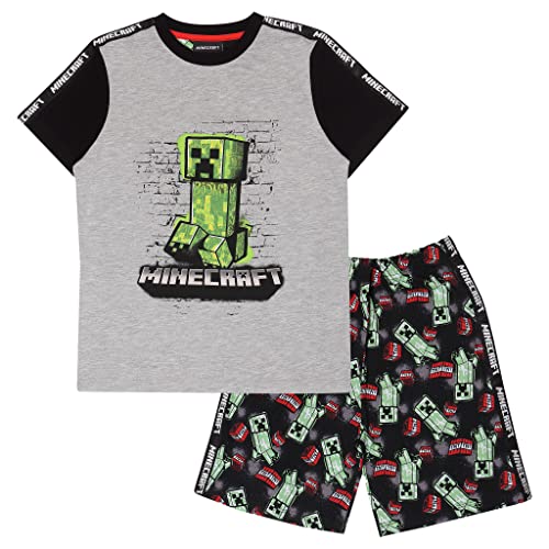 Minecraft Creeper TNT Short Pyjama Set Kurzer Pyjama, Kinder, 128-170, Black/Heather Grey, Offizielle Handelsware von Popgear