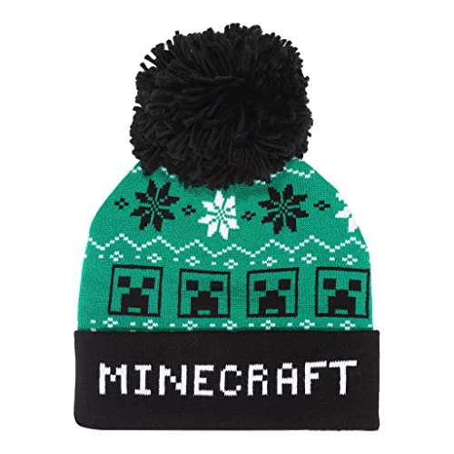 Minecraft The Creeper Fair Isle Mütze mit Pom, Kinder, One Size, Grün, Offizielle Handelsware von Popgear
