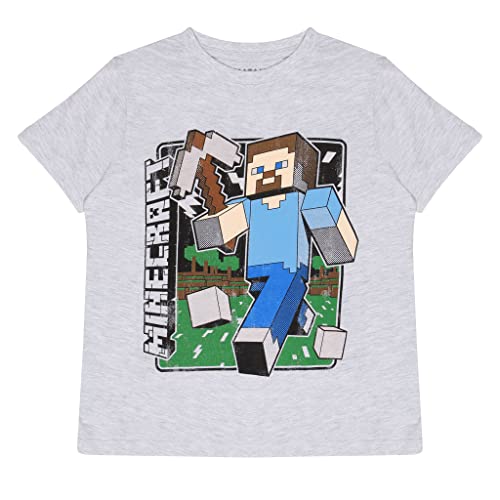 Minecraft Distressed Steve T Shirt, Kinder, 116-170, Heather Grey, Offizielle Handelsware von Popgear