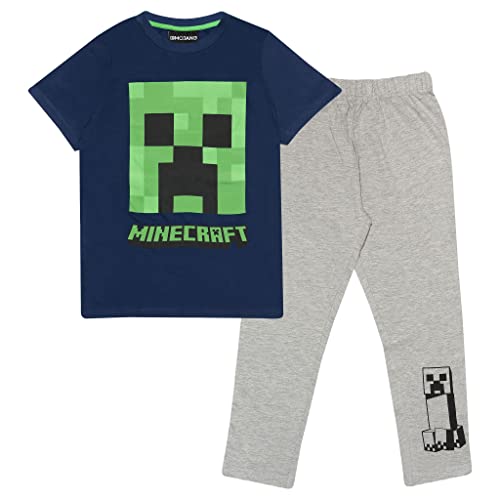 Minecraft Schlingpflanze Langer Pyjama, Mädchen, 110-182, Blau/Weiß Heather Grey, Offizielle Handelsware von Popgear