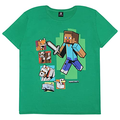 Minecraft Steve und Seine Freunde T Shirt, Kinder, 116-182, Grün, Offizielle Handelsware von Popgear