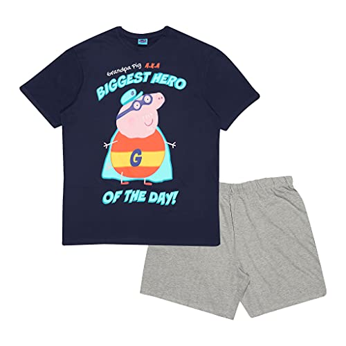 Peppa Pig Grandpa Pig Hero of The Day Kurzer Pyjama, Adultes, S-4XL, Navy/Heather Grey, Offizielle Handelsware von Popgear