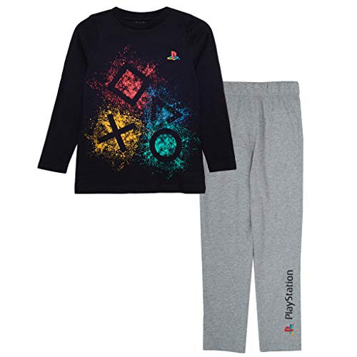 Playstation Splatter Icons Jungen Lange Pyjamas Set Schwarz/Weiß Heather Grey 128 | PS4 PS5 Gamer Geschenke, Schule Jungen PJs, Kinderkleidung, Kindergeburtstags-Geschenk-Idee von Popgear