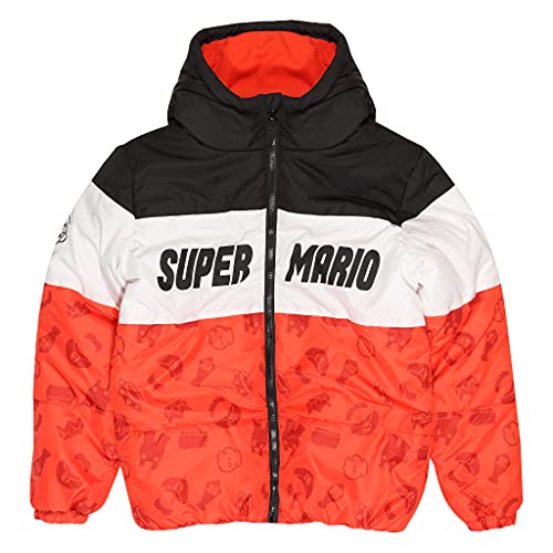 Popgear Super Mario Textlogo. Pufferjacke, Kinder, 116-176, Rot schwarz, Offizielle Handelsware von Popgear