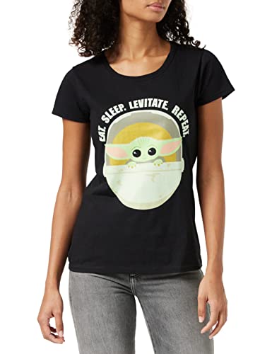 Star Wars The Mandalorian The Child Eat. Sleep. Levitate T Shirt ausgestattet, Damen, S-2XL, Schwarz, Offizielle Handelsware von Popgear