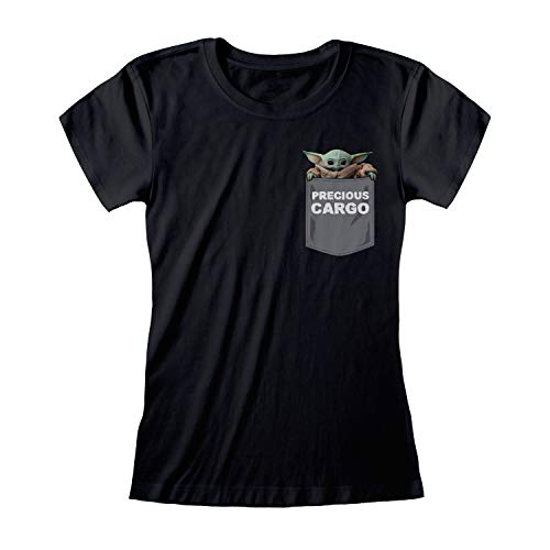 Star Wars The Mandalorian The Child Precious Cargo Breast Print T Shirt ausgestattet, Damen, S-2XL, Schwarz, Offizielle Handelsware von Popgear