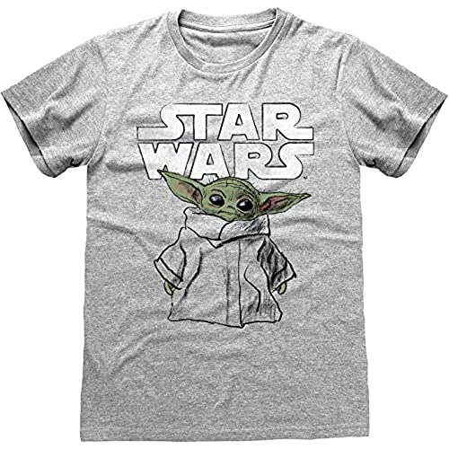 Star Wars The Mandalorian The Child Sketch Freund Fit T Shirt, Damen, S-2XL, Heather Grey, Offizielle Handelsware von Popgear