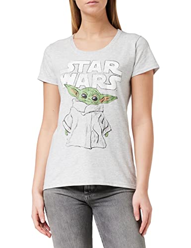 Star Wars The Mandalorian The Child Sketch T Shirt ausgestattet, Damen, S-2XL, Heather Grey, Offizielle Handelsware von Popgear