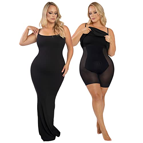 Popilush Bodycon Maxi Shaper Kleid mit eingebautem BH und Shorts für Frauen, rückenfreier Langer Slip-Kleider mit Bodysuit-Tummy-Control-Schwarz von Popilush