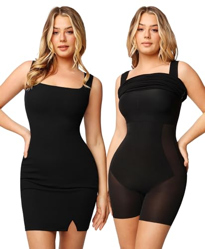 Popilush Bodycon Mini Shaper Split-Kleid Eingebauter Shapewear-BH 8 in 1 Ärmelloses Slip-Kleid für Frauen Schwarz von Popilush