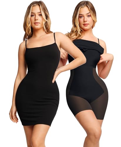 Popilush Frauen Shaper Mini Rutsch ärmelloses Kleid mit eingebautem Shapewear-BH Bodycon Spaghetti-Träger lässige Kleider schwarz einfarbig Sommer von Popilush