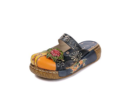 Popoti Damen Sandalen, Sommer Sandalen mit Absatz Pantoletten Hausschuhe Leder Slip-Ons Pumps Vintage Blume Slipper Mokassins Wedges Loafer Schuhe Flip Flops Zehentrenner Neu Kork Sandalen(Blau, 40) von Popoti