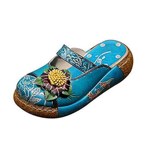 Damen Sandalen,Popoti Sommer Sandalen mit Absatz Pantoletten Hausschuhe Leder Slip-Ons Pumps Vintage Blume Slipper Mokassins Wedges Loafer Schuhe Flip Flops Zehentrenner Neu Kork Sandalen(Blau-B, 39) von Popoti