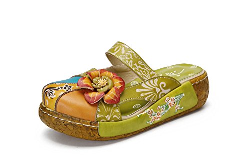 Damen Sandalen,Popoti Sommer Sandalen mit Absatz Pantoletten Hausschuhe Leder Slip-Ons Pumps Vintage Blume Slipper Mokassins Wedges Loafer Schuhe Flip Flops Zehentrenner Neu Kork Sandalen(Grün, 36) von Popoti