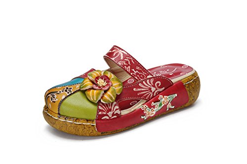 Damen Sandalen,Popoti Sommer Sandalen mit Absatz Pantoletten Hausschuhe Leder Slip-Ons Pumps Vintage Blume Slipper Mokassins Wedges Loafer Schuhe Flip Flops Zehentrenner Neu Kork Sandalen(Rot, 37) von Popoti