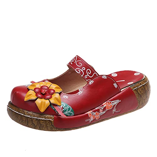 Damen Sandalen,Popoti Sommer Sandalen mit Absatz Pantoletten Hausschuhe Leder Slip-Ons Pumps Vintage Blume Slipper Mokassins Wedges Loafer Schuhe Flip Flops Zehentrenner Neu Kork Sandalen(Rot-1, 38) von Popoti