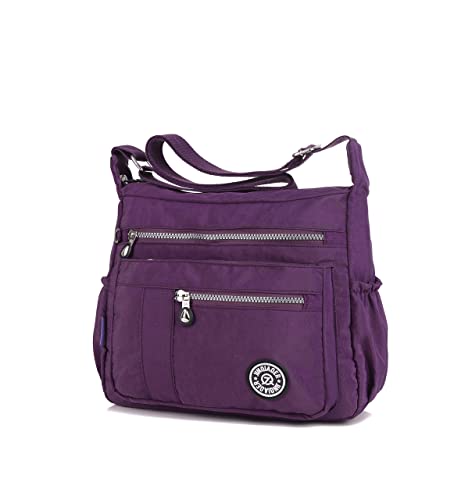 Popoti Damen Nylon Messenger, Handtasche Schultertasche Tote Geldbörse Multifunktion Umhängetasche Einfarbig Wasserdichte Crossbody Tasche für Reise Alltag (Lila) von Popoti