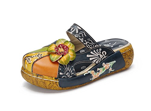Popoti Damen Pantoletten, Sommer Sandalen mit Absatz, Pumps, Vintage Blume Slipper Mokassins Wedges Loafer Schuhe Flip Flops Zehentrenner Neu Kork Sandalen (Blau, 35) von Popoti
